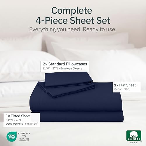 Image of Super Soft 100% Cotton Full Bed Sheets, 4 Pc Set, Navy Blue