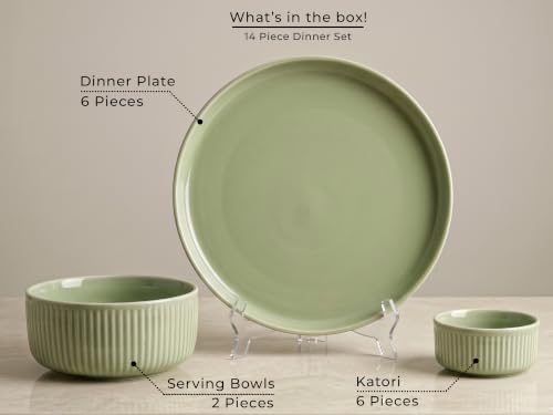 Image of Bodhi House 14-Piece Ribbed Porcelain Dinner Set for 6, 6 Dinner Plates, 6 Katori & 2 Serving Bowls, Chip Resistant, Lightweight Microwave & Dishwasher Safe Crockery Set for Home & Gifting, Tea Green