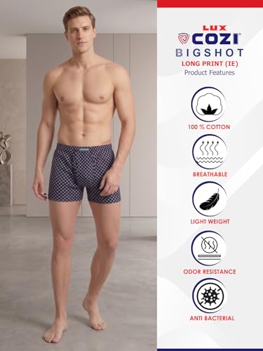 Image of Lux Cozi Men's Cotton Printed Inner Elastic Long Trunks for Men | Soft & Breathable Cotton Underwear | Comfortable Stretch Waistband | Printed Long Trunk Underwear Color & Print May Vary - Pack of 3