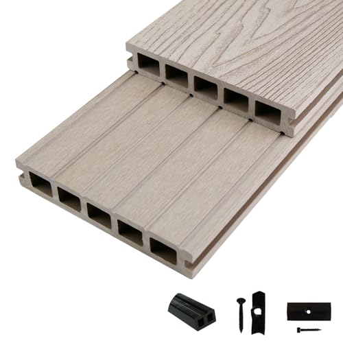 Woodstore24 WoodoMykonos Komplettset 2 4 m - Grau - Terrassendiele - 5-Kammer System - Rutsch- & Wetterfest - Breite: 145 mm Stärke: 25 mm - 5 m