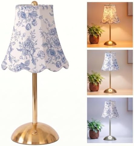 Grinsvalley Blue Floral Cordless Table Lamp Rechargeable Touch LED Small Gold Portable Battery Operated USB-c Desk Lamp 3 Color Dimmable Vintage Decor for Home Wedding Birthday Outdoor Party