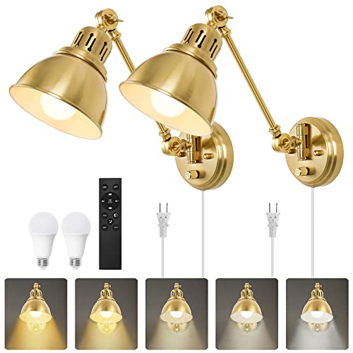 Image of GOODATE Plug in Wall Sconces Set of Two with Remote, Stepless Colors 2700K-6500K & Stepless Dimming, Premium Golden Finish, Plug in Wall Light with Night Light & Timer, LED Bulbs Included