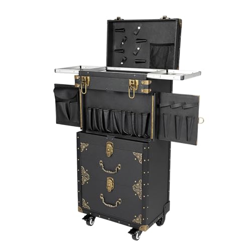 Rolling Lockable Makeup Train Case with Hair Dryer Holder, Beauty Salon Luggage with Wheels Hairdressing Trolley Stylist Beauty Salon Cosmetic Luggage for Makeup Artists Nail Salons Hairstylists
