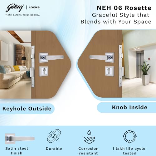 Image of Godrej Mortise Lock | Handle Lock Set for Main & Internal Doors | NEH 06 Home Decor Handle | Satin Steel Finish | 9 Inch Lockbody | 60mm 1CK Cylinder Knob from Inside Key Outside | 3 Keys