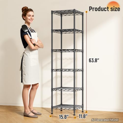 Image of DurayLoly 6-Tier Narrow Storage Shelves with Anti-Tip Screws, 265 lbs Capacity, Adjustable Metal Wire Shelving Unit for Kitchen, Pantry, Bathroom, Laundry Room & Garage - 15.8 inch W x 11.8 inch D x 63.8 inch H