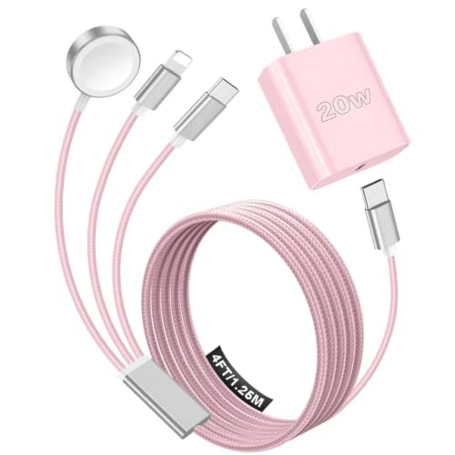 Image of Travel Essentials Multi Charging Cable with 20W Charger Block | 3 in 1 Type C /Lightning /Magnetic Charging Cable for Apple Watch Charger,iPhone Charger,Cruise Vacation Camping Essentials-4FT