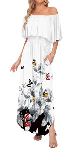 Image of AUSELILY Womens Off Shoulder Ruffle Split Summer Maxi Dresses with Pockets | Off-shoulder Ruffle dress with empire waist & side split for summer beach and casual parties