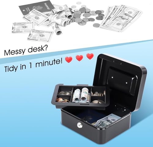 Image of Cash Box with Lock & Key 8 Inch | Heavy Duty Steel Money Safe Box | Cash Storage Box with Removable Tray | 5 Coin Sections & Bill Compartment | Secure Cash Organizer for Home, Shop & Office