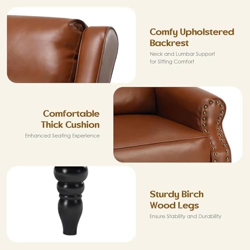 Image of Leather Recliner Chair, Pushback Recliner Chair with Adjustable Backrest Footrest, Mid Modern Reclining with Overstuffed Arms Lumbar Support for Reading, Living Room, Yellow Brown
