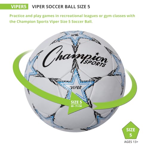 Champion Sports Viper Soccer Ball, Size 5 â Soft Touch TPU Cover, Airlock Bladder â Ages 12 & Up â Blue/Black/White