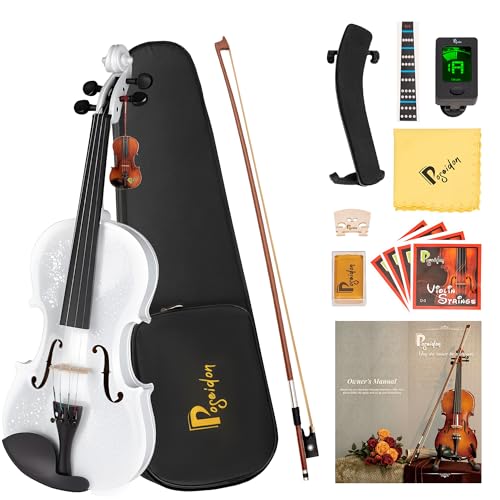 Image of Poseidon Violin for Beginner, Glossy White Violin Set with Acoustic Violin Fiddle for Students Violin Starter Kit /Hard Case, Bow, Rosin, Horse Bridge, Extra Strings, Shoulder Rest, Tuner, Manual