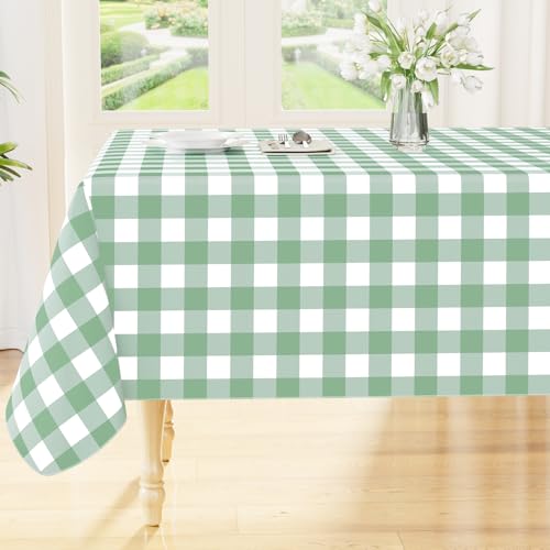 Smiry Rectangle Table Cloth, Waterproof Vinyl Tablecloths with Flannel Backing, Wipeable Buffalo Plaid Table Cover for Indoor and Outdoor (Sage Green & White, 60