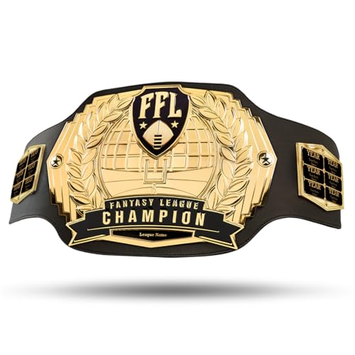 TrophySmack Fantasy Football Championship Belt 12-Year Perpetual 6lb Customizable Championship Belt with Free Engravings 5 Metal Plates and Engineered Leather (Gold Plates)