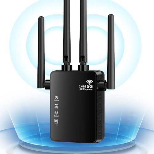 QLOCOM WiFi Extender 1200Mbps – Ripetitore Potente Con 4 Antenne, Copertura Per Tutta La Casa