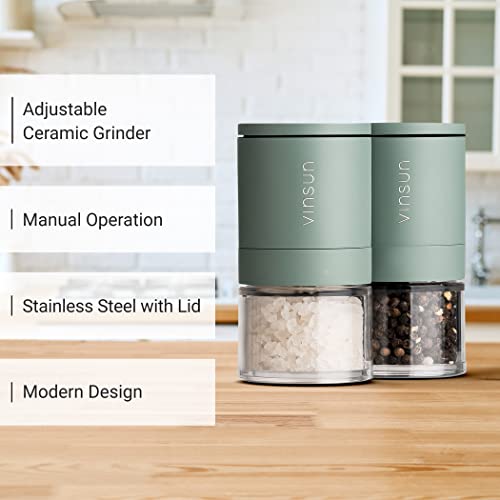 Vinsun Salt and Pepper Grinder Set Green, 2X Small Mill refillable ø51x100mm, Adjustable Ceramic Grinder, Stainless Steel - Image 2