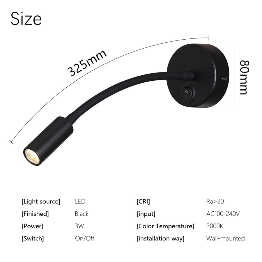 Image of LED Reading Lamp 3W Warm White 3000K for Reading Books Black Hardwired 2PCS (RS025)