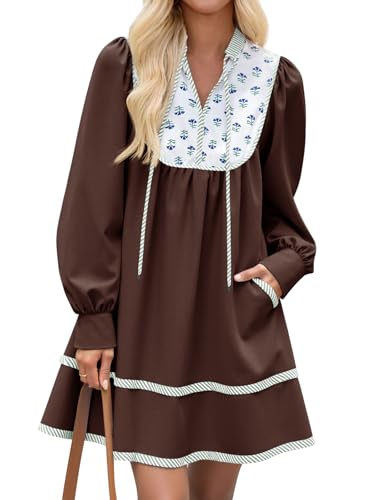 Image of Wenrine Womens Casual Floral Mini Dress Fall Long Sleeve V Neck Patchwork Loose Boho Shirt Dresses