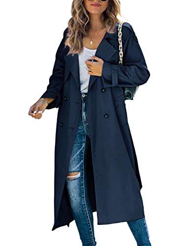 Makkrom Women's Double Breasted Long Trench Coat Windproof Classic Lapel Slim Overcoat with Belt