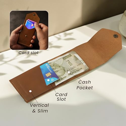 Image of The Wallet Store Flip 2.0 Genuine Leather Vertical Slim Wallet for Men | Easy Quick Card Access | Compact Front Cash Pocket & Button Lock | Minimalist Travel & Daily Carry Wallet (TAN)