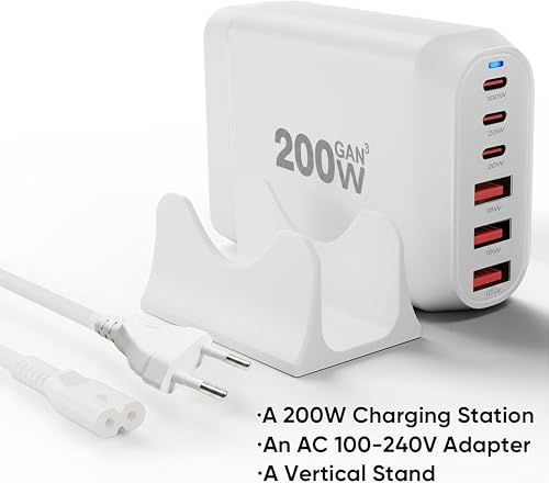 Image of MX 200W USB C Charging Station,GaN III 6-Port Fast Charging USB C Charger Hub,PD 100W Laptop Charging Adapter Compatible with MacBook Pro /Air,DELL,Steam Deck,iPhone 16 /15 /14,Galaxy S23 /22