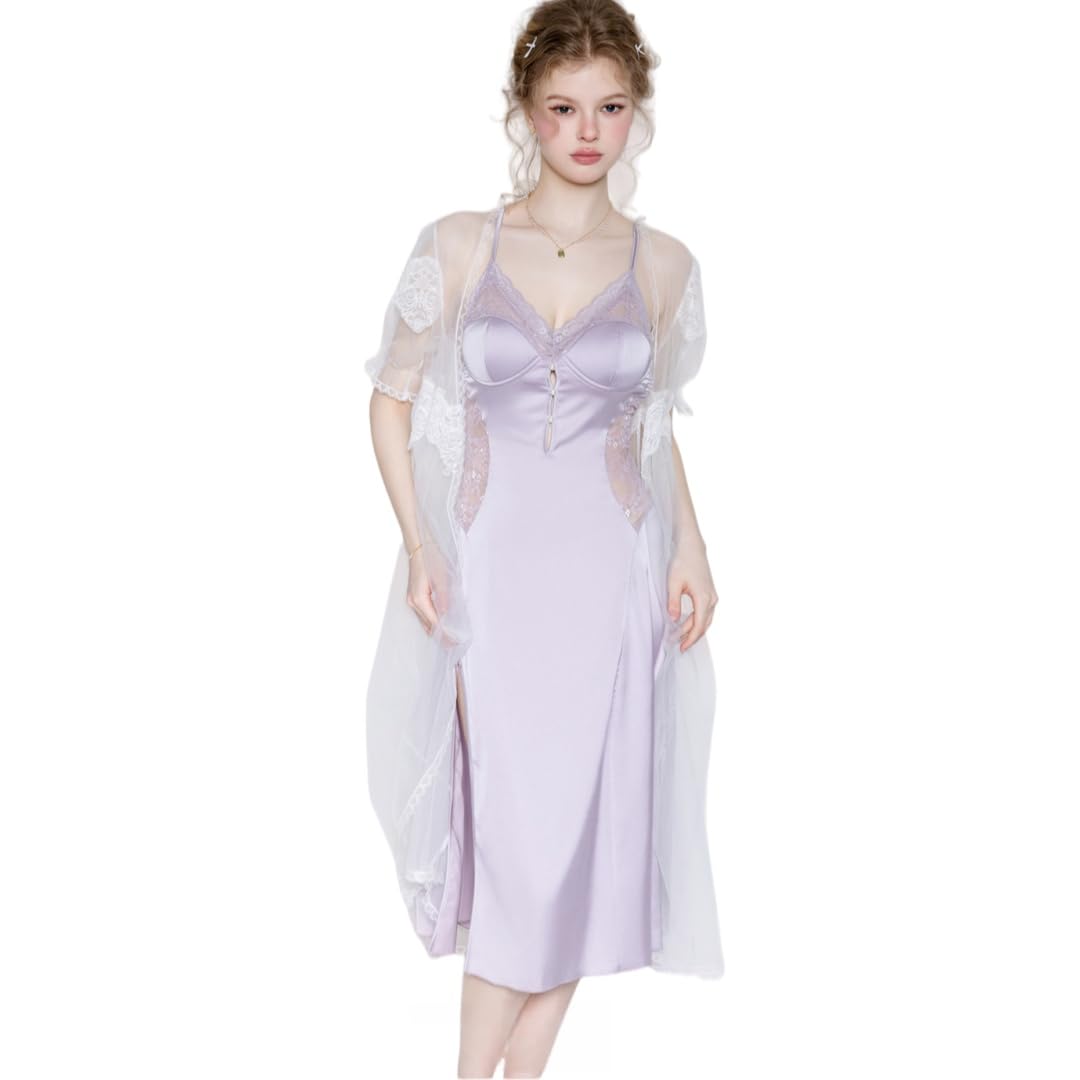 Bata Sexy Mujer Conjunto De Camisón/Bata Transparente con Top Halter De Satén, Aberturas, Cintura Ajustada Y Detalles De Perlas.