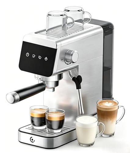 Image of AMZCHEF 20 Bar Compact Home Espresso Coffee Machine, Matte Silver | LED Touch Screen, Auto Milk Frother, Stainless Steel Body, Makes Latte & Cappuccino, Ideal for Coffee Beginners