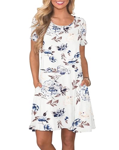 AUSELILY Damen Kleider Sommer Kurzarm Shirtkleider Kurz Sommerkleider Leicht Freizeitkleid mit Taschen Blumenweiß L