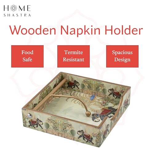 Image of Wooden Napkin Holder with Gold Engraving | Pack of 1 | Size : 7.5 x 7.5 inch | Enamel Coated Waterproof | Tissue Holder for Dining Table | (Elephant Napkin Holder)