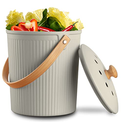 Compost Bin Kitchen, LALASTAR Countertop Compost Bin with Lid, Made of Sustainable Bamboo Fiber, Odorless Indoor Compost Bin, 1 Gallon, Grey