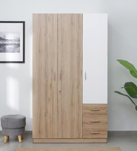 Image of Mintwud Pepperfry Engineered Wood Wardrobe with 3 Doors, 3 Drawers & 2 Hanging Rod | Wooden Almirah Cupboard for Clothes Storage Organizer for Living Room Bedroom Furniture (French Oak Finish)