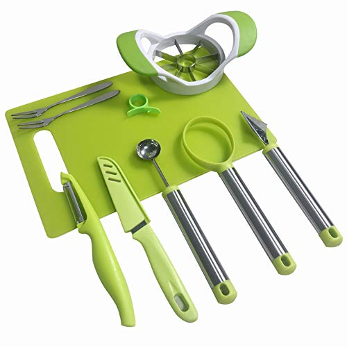 NewFerU Garnish Shape Tool Set for Fruit Vegetable:Melon Baller Scoop,Carving Cutter Knife,Apple Corer Slicer Remover,Dig Pulp Separator,Citrus Lemon Peeler,Chopping Board,Forks Kitchen Gadgets (9)