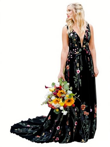 Floral Wedding Dresses for Bride Embroidered Chiffon Bridal Dress Long Boho Outdoor Wedding Gowns