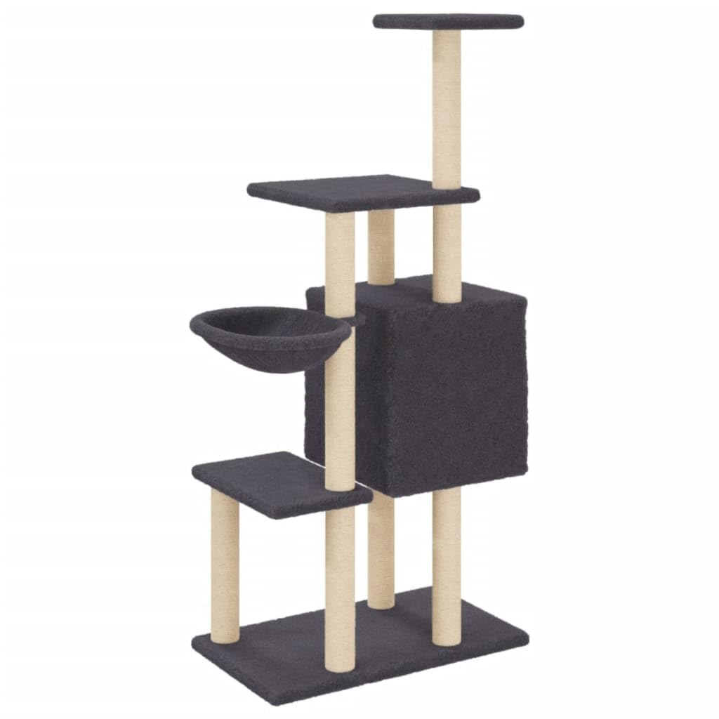 Rascador para gatos con columnas rascadoras de sisal, gris oscuro, de felpa, 131 cm, grande, estable, con cueva, superficies de descanso y muebles rascadores para casa y esquina