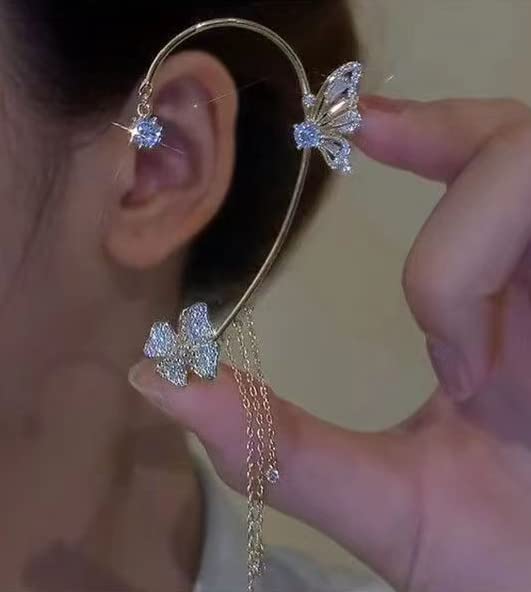 2Pcs Zircon Butterfly Ear Cuff Earrings for Women No Piercing Butterfly Ear Clip Wrap Around Fake Earrings Ear Wrap Crawler Rhinestone Jewelry (silver 1) by LAKIYOYO - Image 4