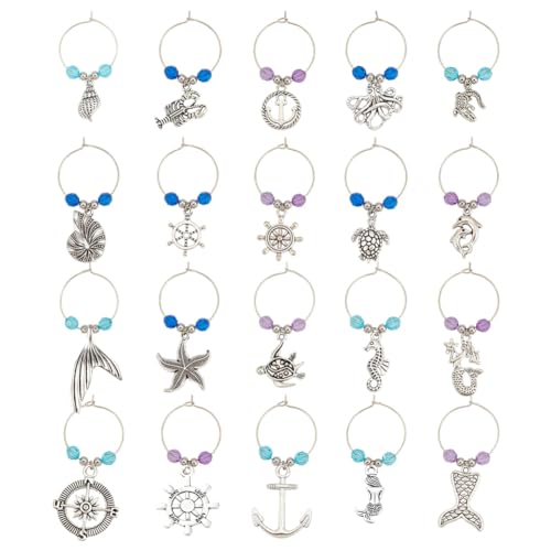 BENECREAT 20 set di 20 ciondoli a tema spiaggia per bicchieri da vino, marcatori nautici a forma di sirena, barca, stella marina, etichette identificative per stelo in vetro, degustazione di vino