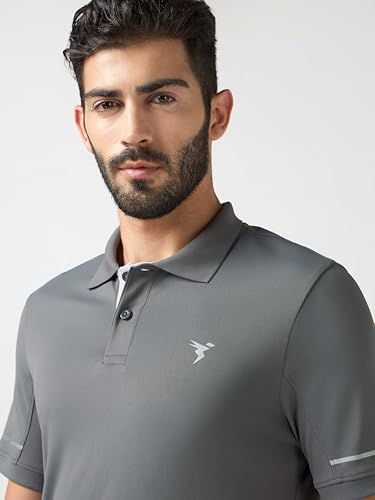 Image of TECHNOSPORT Men's Solid Slim Fit Polo Collar T-Shirt TECHNOCOOL+ Half Sleeve Button Polyester for Gym Running Workout UPF50+ Anti Odour