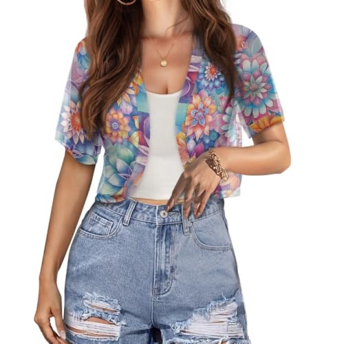 Image of Womens Short Sleeve Cardigans Lightweight Summer Cardigan Trendy Bolero Shrug Cute Floral Cardigan Sheer Bolero