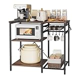 Conception réfléchie : Doté de 5 crochets métalliques pour accessoires de cuisine, ce support de four à micro-ondes est également équipé de six pieds réglables pour s'adapter aux sols irréguliers. Le matériel de montage et un dispositif anti-basculement sont inclus. Une tablette porte-tasses et une étagère en treillis assurent un rangement organisé dans la cuisine, le salon, sur un balcon ou dans un garage