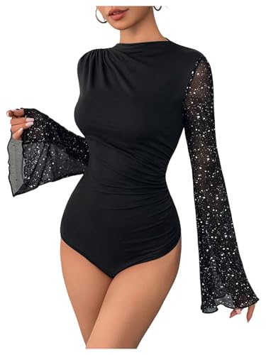 GORGLITTER Women's Sequin Contrast Mesh Ruched Bodysuits Mock Neck Bell Long Sleeve Leotard Top Black L