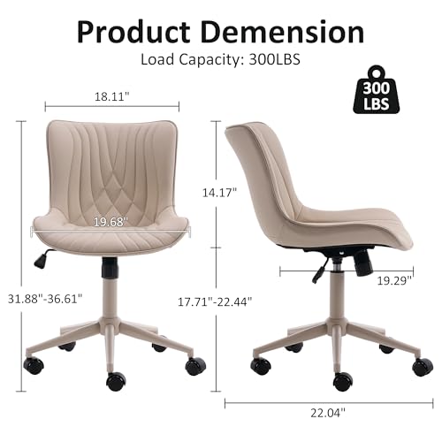 Image of YOUTASTE All Cream Office Chair, Modern Armless Desk Chair with Back, Adjustable Swivel Rolling Faux Leather Task Chair with Wheels Metal Base for Home Office, Study, or Vanity