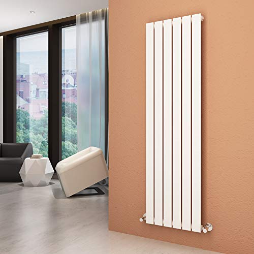 ELEGANT White Vertical Radiator Single Flat Panel 1600 x 452 mm Designer Vertical Radiators with Angled Radiator Valves