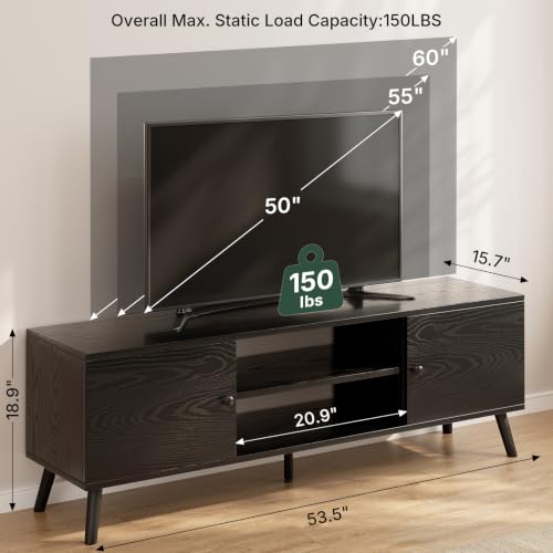 TV Stand for 55 60 inch TV, Modern Mid Century Entertainment Center with Storage, Wooden Media Console Table with 2 Cabinets for Living Room Bedroom, Black - Image 3