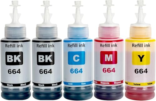 Image of ASV T664 Refill Ink Bottle Compatible for Printers L1300, L310, L361, L380, L405, L565, L365, L485, L220, L360, L130 (C /Y /M + 2 Black) (70ml Each)
