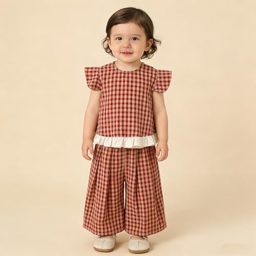 Image of 2 Piece Sets for Baby Girls Summer Outfits Short Flutter Sleeves Tops Wide Leg Pants