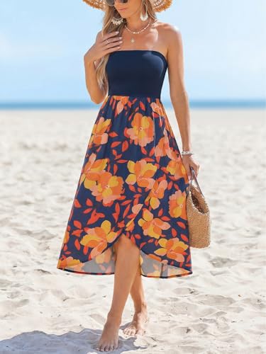 Image of CUPSHE Women Tube Floral Midi Summer Dress Straight Neck Split Hem Tropical Casual Sundress Holiday Vacation Beach Dress