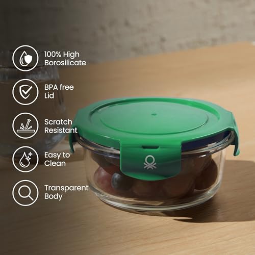 Image of United Colors of Benetton 840 ML Borosilicate Glass Food Storage Container with Airtight Green Lid - Leakproof, Microwave, Oven, Freezer & Dishwasher Safe - Durable & Reusable Lunch /Dinner Box