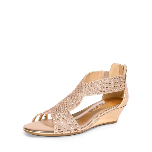 DREAM PAIRS Women's Open Toe Low Wedges Sandals, Rhinestone Strappy Zipper Dress Shoes, Summer Wedding Party Travel Shoes 8 Champagne-pat