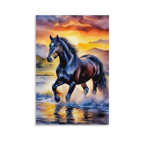 Cheval noir galopant affiche de qualité premium impression toile de lin 50x75