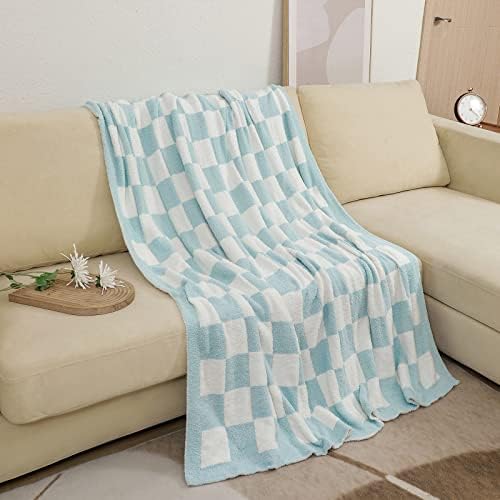 bearberry Fuzzy Checkerboard Grid Throw Blanket Soft Cozy Warm Microfiber Bed Blanket Decor for Couch Sofa Bed Travel Home (Baby Blue, 60''x80'')