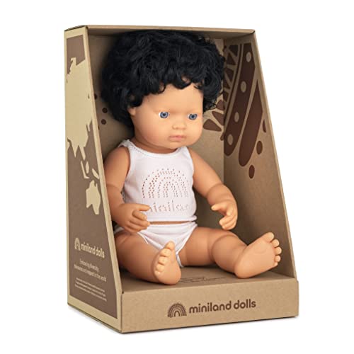 Image of Miniland Doll 15'' Caucasian Curly Black Hair Boy (Box) - Made in Spain, Anatomically Correct, Quality, Inclusion